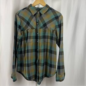Hurley Women's Medium Plaid Tunic Button Down Shirt Earth Tone Fall Winter Flowy